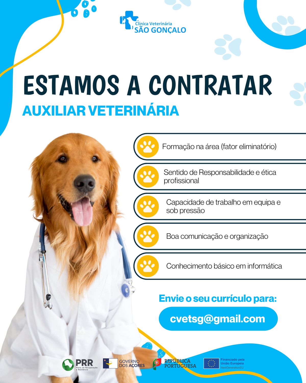 Template de anúncio de recrutamento de auxiliar veterinária para a Clínica Veterinária de São Gonçalo