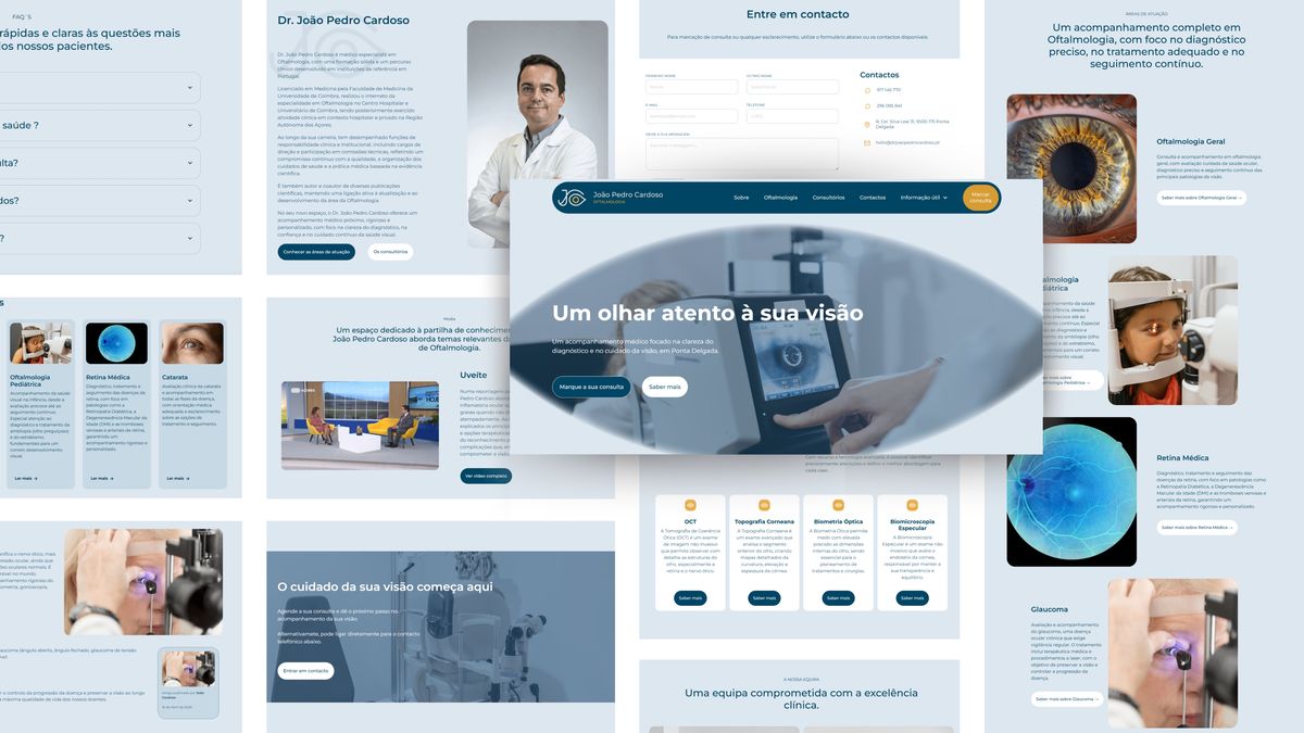 Grelha de páginas do website da clínica de oftalmologia João Pedro Cardoso